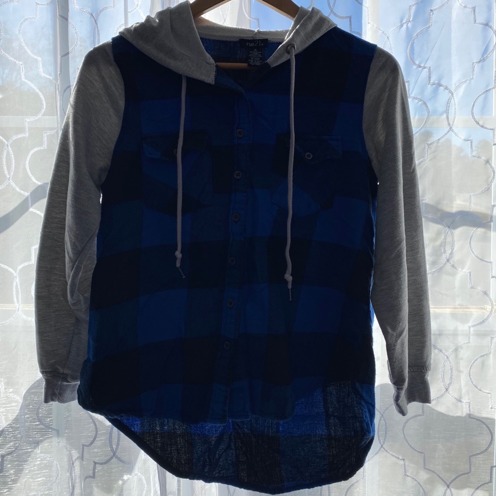 Black & Blue Flannel Hoodie w/ Gray Sleeves & Hood